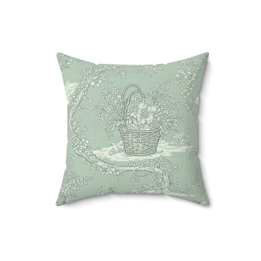 Vintage Floral Basket Throw Pillow — Pastel Green Decorative Cushion