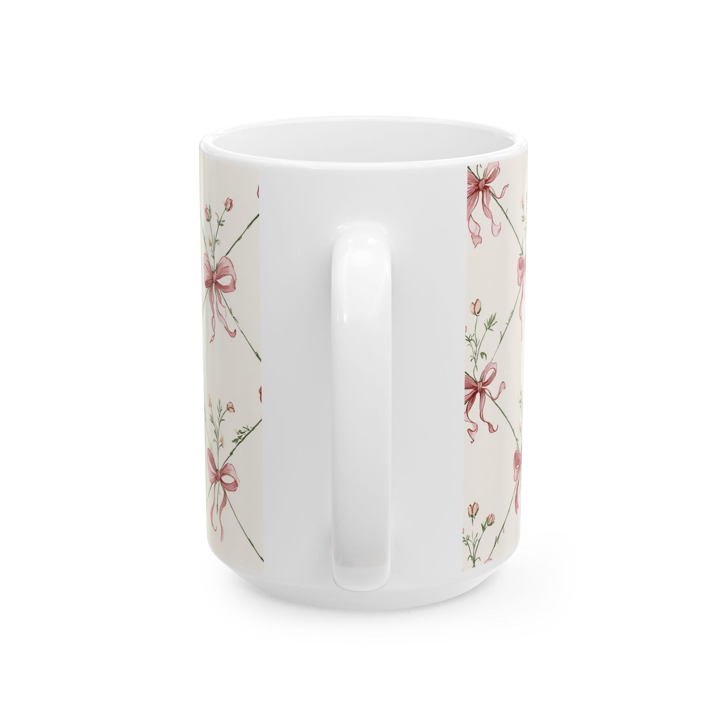 Floral Ribbon Pattern Ceramic Mug — Vintage Pink Bow Tea Coffee Cup (11oz & 15oz)