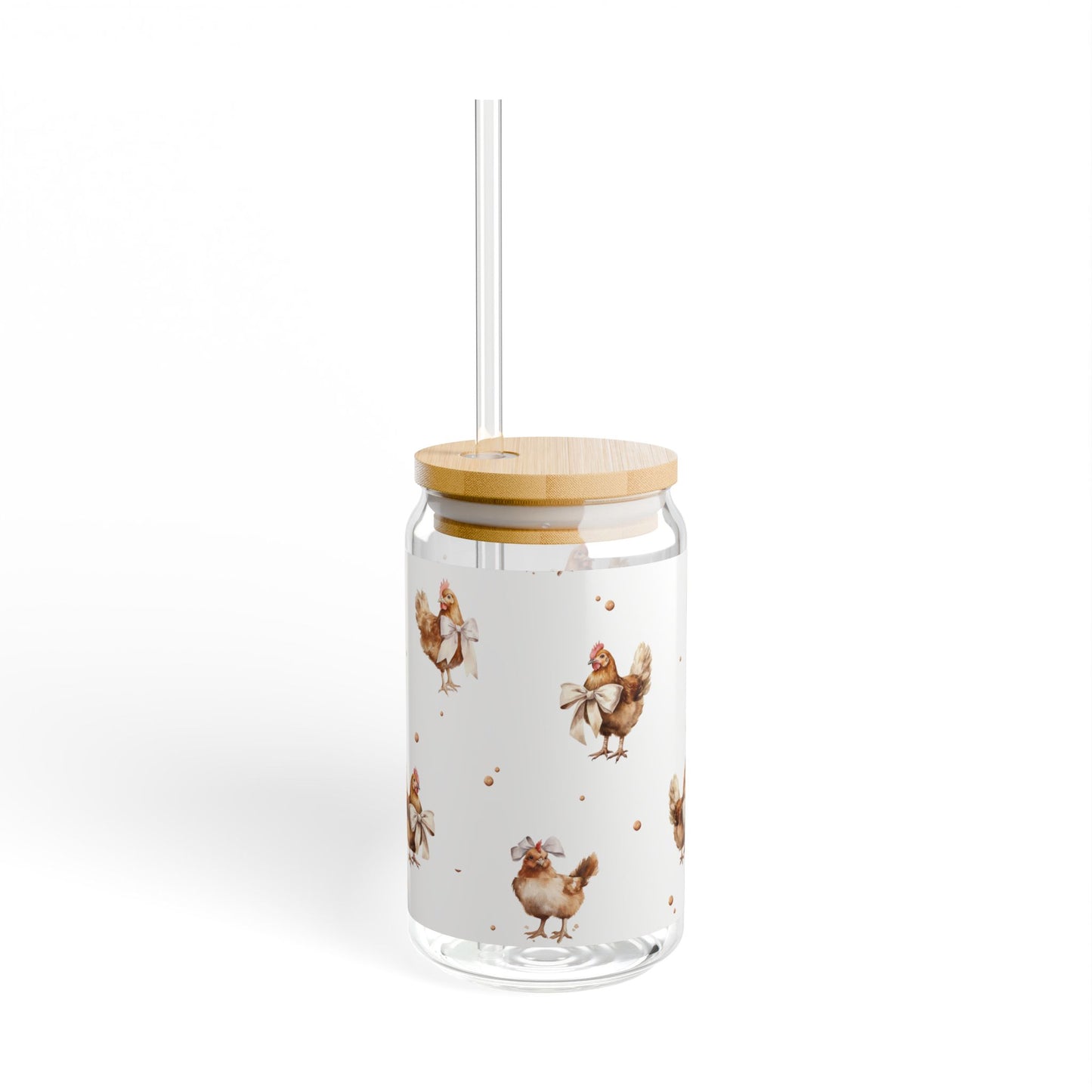 Chicken Pattern 16oz Glass Sipper with Bamboo Lid